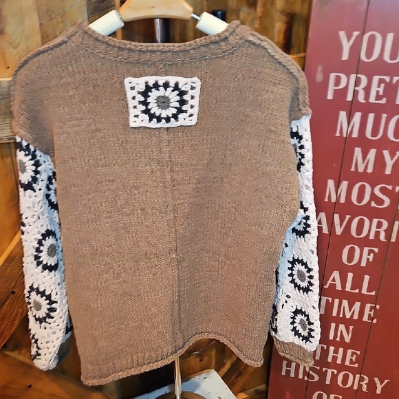 281 Neutral Brown Crewneck Sweater with Cream & Black Crochet Sleeves - Picture 7 of 8